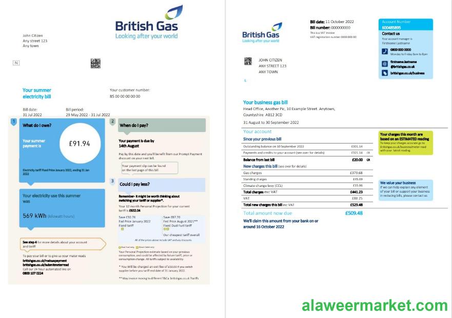 United Kingdom British Gas bill, Word and PDF template, 2 pages